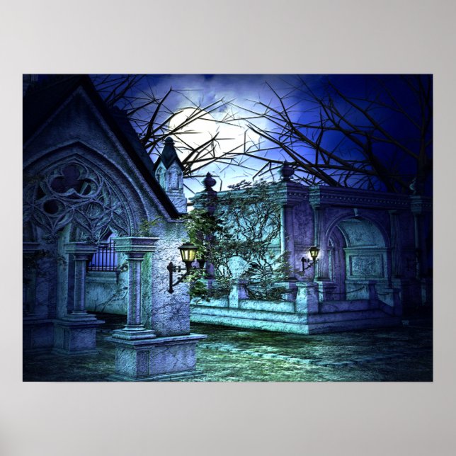 Scary Cemetery with Graveyard and Tombs Poster (Front)