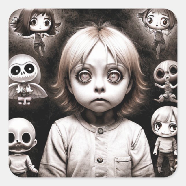 Scary Child with Hypnotising Eyes Halloween Square Sticker (Front)