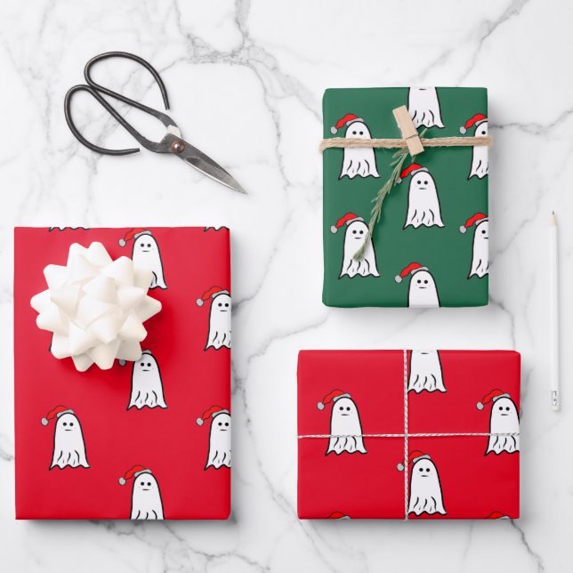 Scary Christmas Ghost with Santa Hat  Wrapping Paper Sheet (Front)