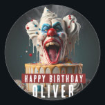 Scary clown themed Birthday Classic Round Sticker<br><div class="desc">Birthday stickers featuring a Scary clown themed birthday cake with "Happy Birthday",  all-caps bold font. Personalise it by adding your name(s).</div>
