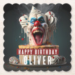 Scary clown themed Birthday Paper Coaster<br><div class="desc">Birthday paper coasters featuring a scary clown themed birthday cake with "Happy Birthday",  all-caps bold font. Personalise it by adding your name(s).</div>
