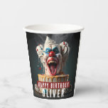 Scary clown themed Birthday Paper Cups<br><div class="desc">Birthday paper cups featuring a Scary clown themed birthday cake with "Happy Birthday",  all-caps bold font. Personalise it by adding your name(s).</div>