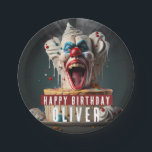 Scary clown themed Birthday Paper Plate<br><div class="desc">A scary birthday paper plate featuring a scary clown themed birthday cake with "Happy Birthday",  all-caps bold font. Personalise it by adding your name(s).</div>