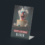 Scary clown themed Birthday Pedestal Sign<br><div class="desc">A Birthday pedestal sign featuring a Scary clown themed birthday cake with "Happy Birthday",  all-caps bold font. Personalise it by adding your name(s).</div>
