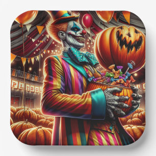 Scary Clown with Jack O' Lantern Halloween Paper Plate