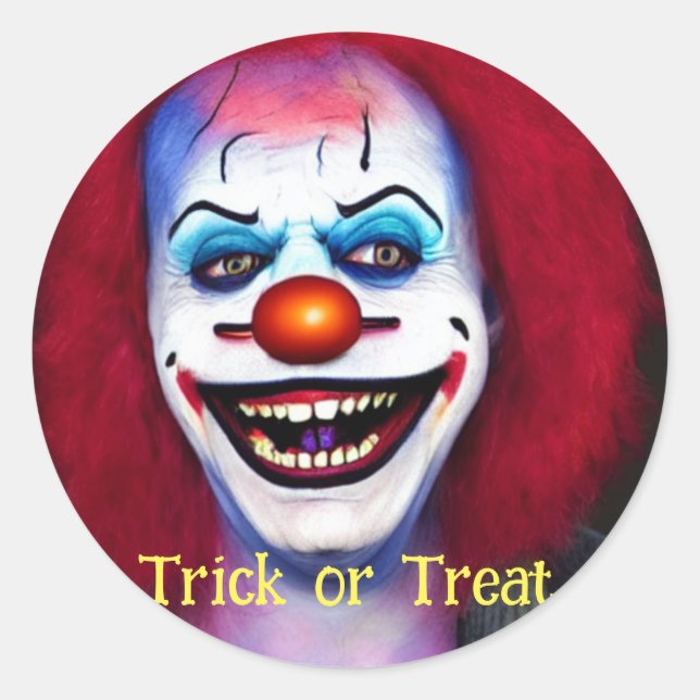 Scary Crazy Clown Trick or Treat Halloween Classic Round Sticker (Front)