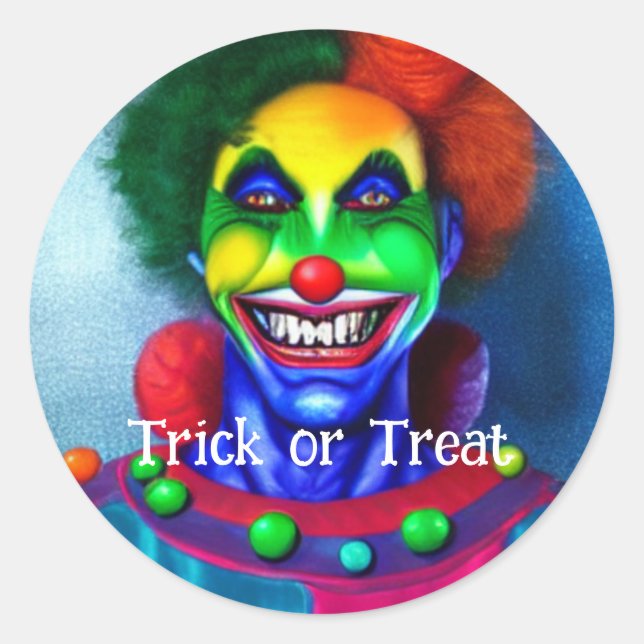Scary Crazy Clown Trick or Treat Halloween Classic Round Sticker (Front)