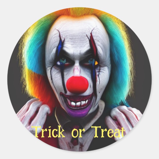 Scary Crazy Clown Trick or Treat Halloween Classic Round Sticker (Front)