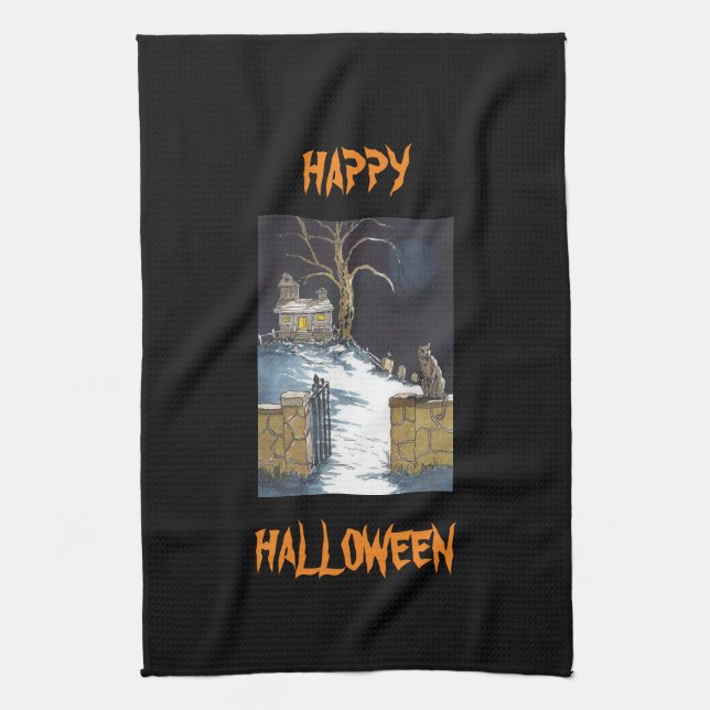 Scary Cute Halloween Haunted House Cat Tea Towel (Vertical)