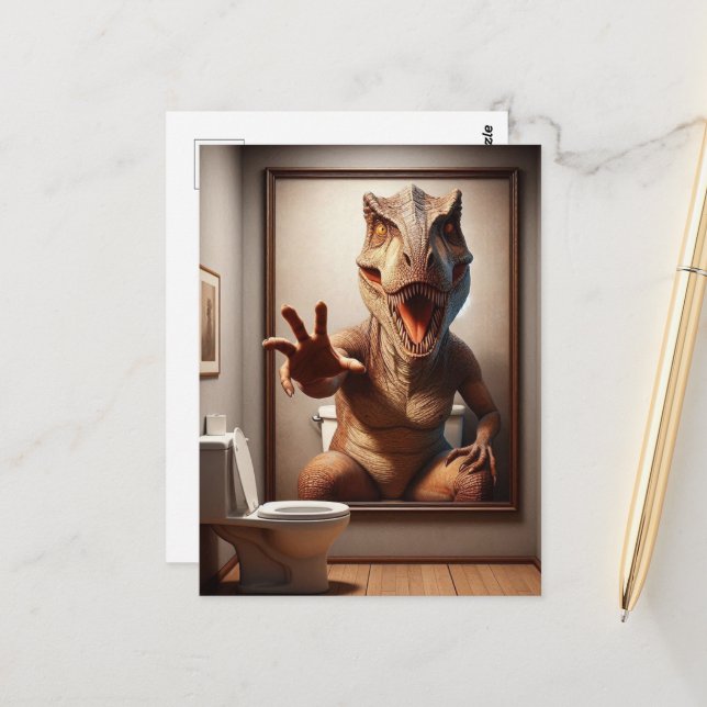 Scary Dino Painting in a Bathroom Postcard (Front/Back In Situ)