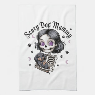 Scary Dog Mummy Skeleton Dachshund Tea Towel