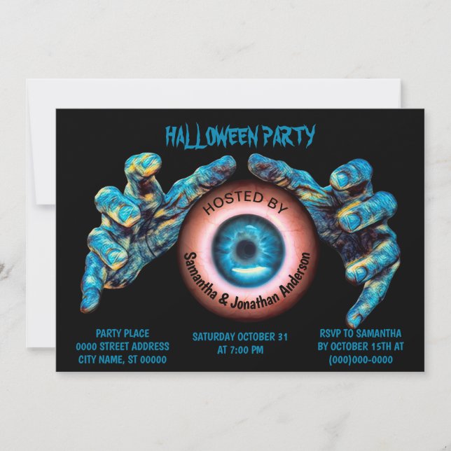 Scary Evil Blue Witch Hands Orange Eye Black Invitation (Front)