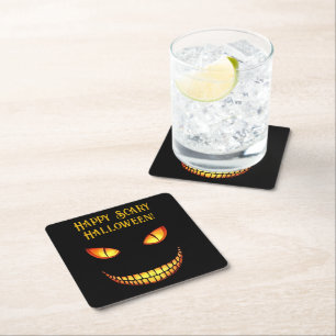 Scary Eyes and Crazy Smile Halloween Square Paper Coaster