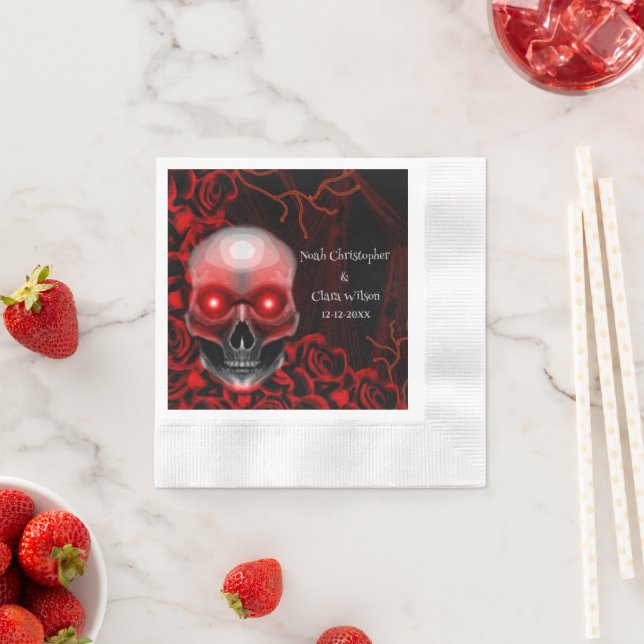 Scary floral dark moody gothic skull halloween napkin (Insitu)