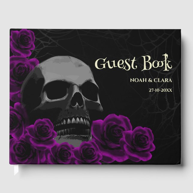 Scary floral Gothic Skull Purple Roses Halloween Guest Book (Front)