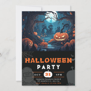 Scary Forest and Jack-O' Lanterns Black Halloween Invitation