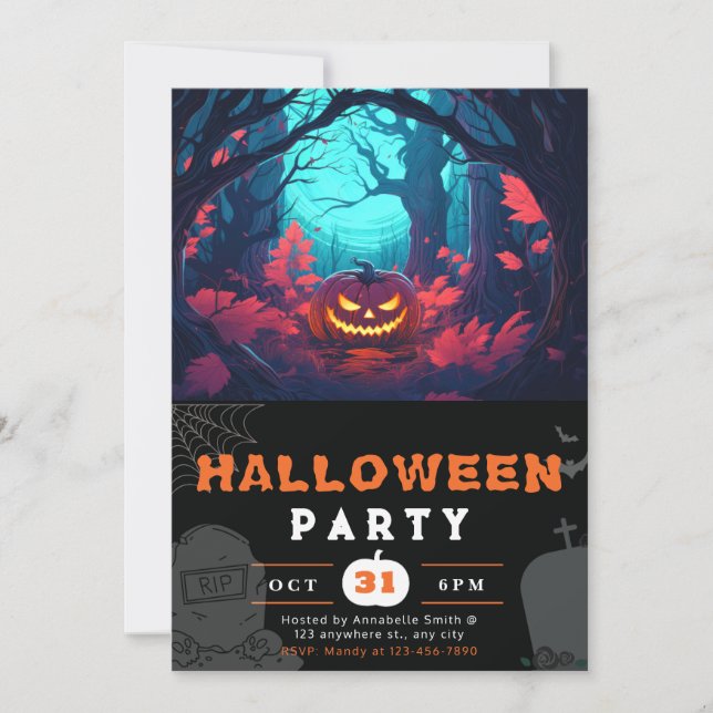 Scary Forest and Jack-O' Lanterns Black Halloween Invitation (Front)