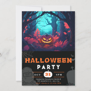 Scary Forest and Jack-O' Lanterns Black Halloween Invitation