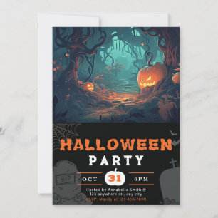 Scary Forest and Jack-O' Lanterns Black Halloween Invitation