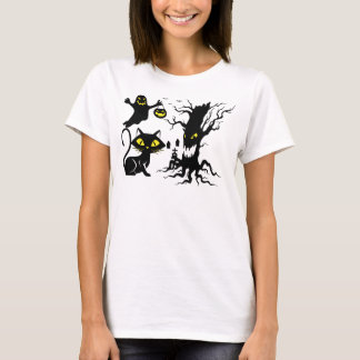 Scary Ghost and Black Cat Halloween Design T-Shirt