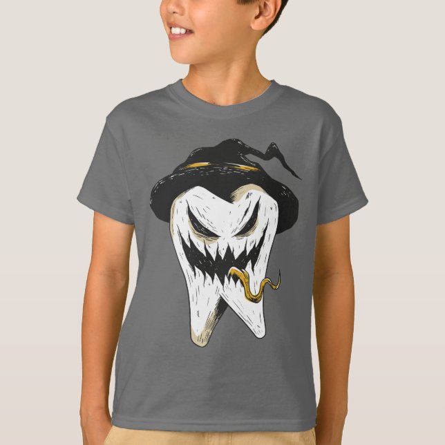 Scary Ghoulish Tooth in Witch Hat Halloween T-Shirt (Front)