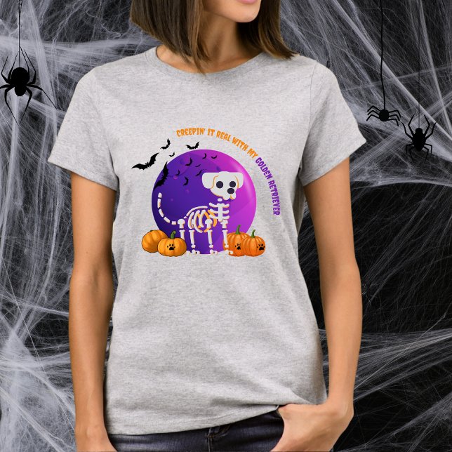 Scary Golden Retriever Halloween Full Moon T-Shirt (Spooky Halloween t-shirt with a dog skeleton, full moon, pumpkins, bats, and your favorite dog breed)