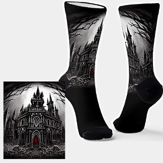 Scary Goth Ghost House at Night in Moonlight Black Socks