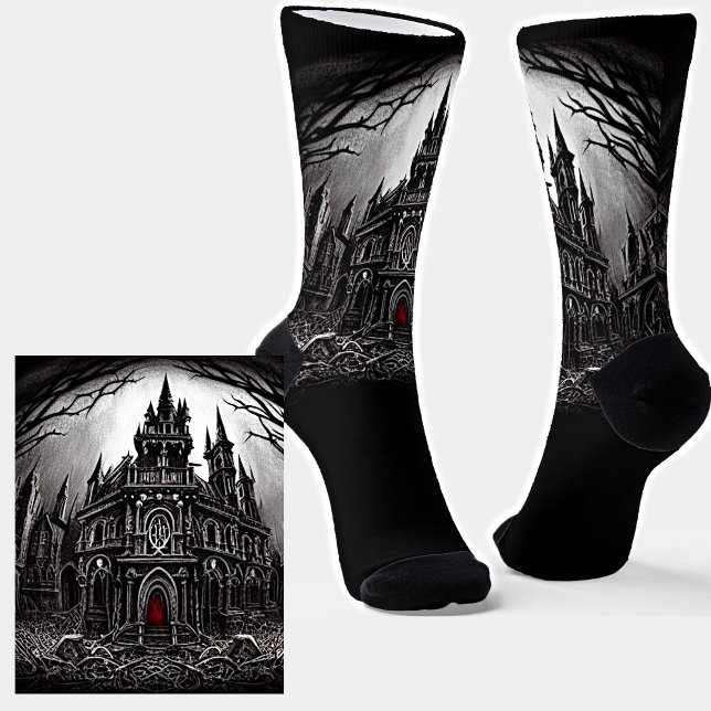 Scary Goth Ghost House at Night in Moonlight Black Socks (Creator Uploaded)