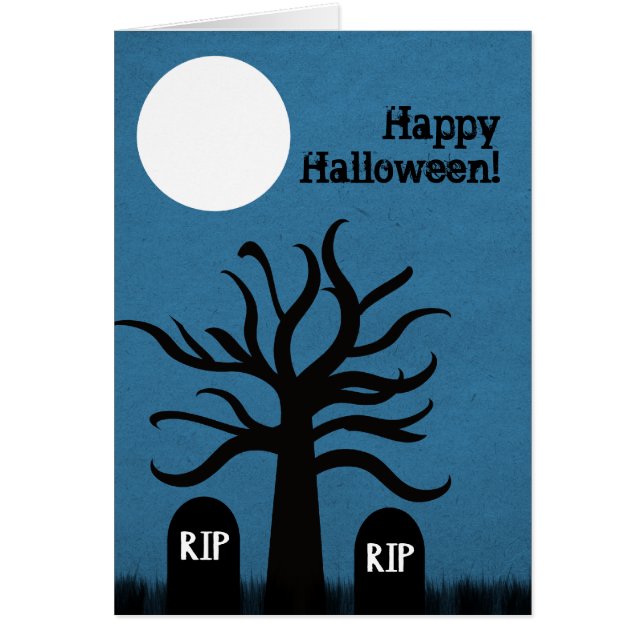 Scary Graveyard Halloween Card, Dark Blue (Front)