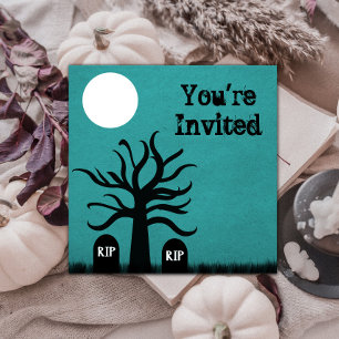 Scary Graveyard Halloween Invite, Teal Invitation