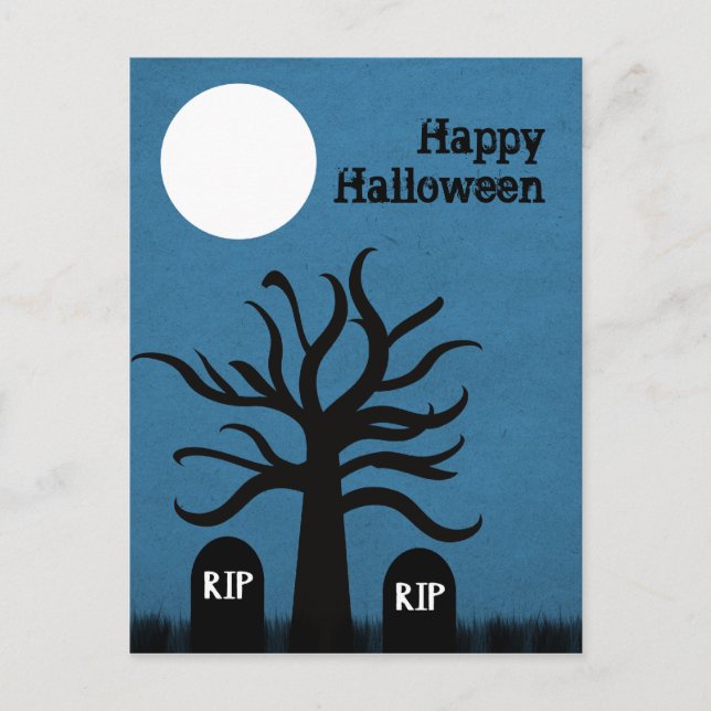 Scary Graveyard Halloween Postcard, Dark Blue Postcard (Front)