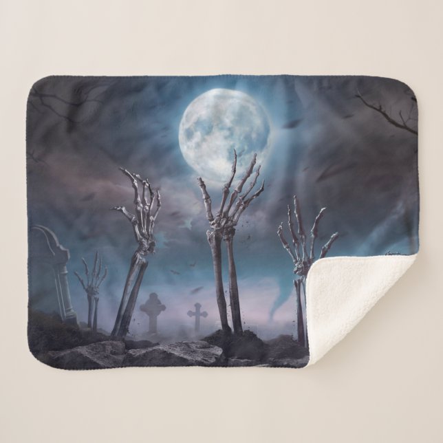 Scary Graveyard Hands Reaching Moon Halloween Sherpa Blanket (Front (Horizontal))