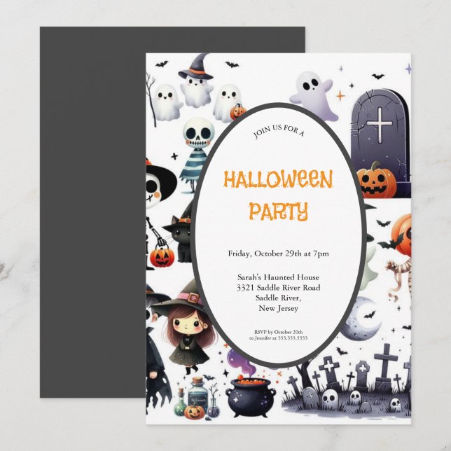 SCARY GREY AND ORANGE HALLOWEEN PARTY INVITATION (Front/Back)