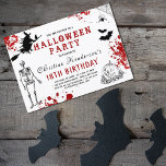 Scary Halloween Birthday Invitation<br><div class="desc">Halloween birthday invitation featuring blood splatters,  a skeleton,  pumpkin,  bats,  spider and web,  and a witch/cat on a broom stick all set on a classic white background with an easy to personalise invitation template.</div>