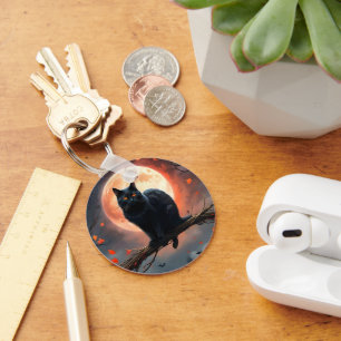 Scary Halloween Black Cat Moonlight,  Key Ring