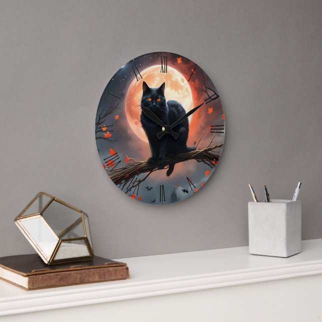Scary Halloween Black Cat Moonlight,  Large Clock (Office)