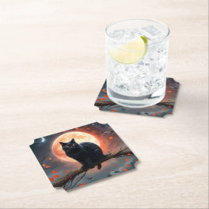 Scary Halloween Black Cat Moonlight, Paper Coaster