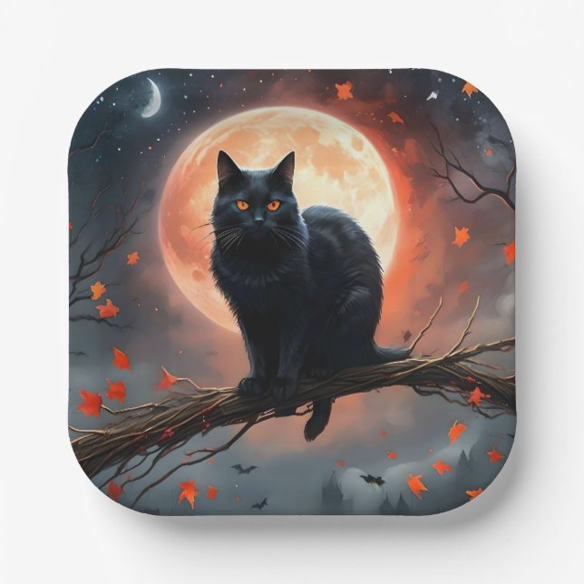 Scary Halloween Black Cat Moonlight,  Paper Plate (Front)