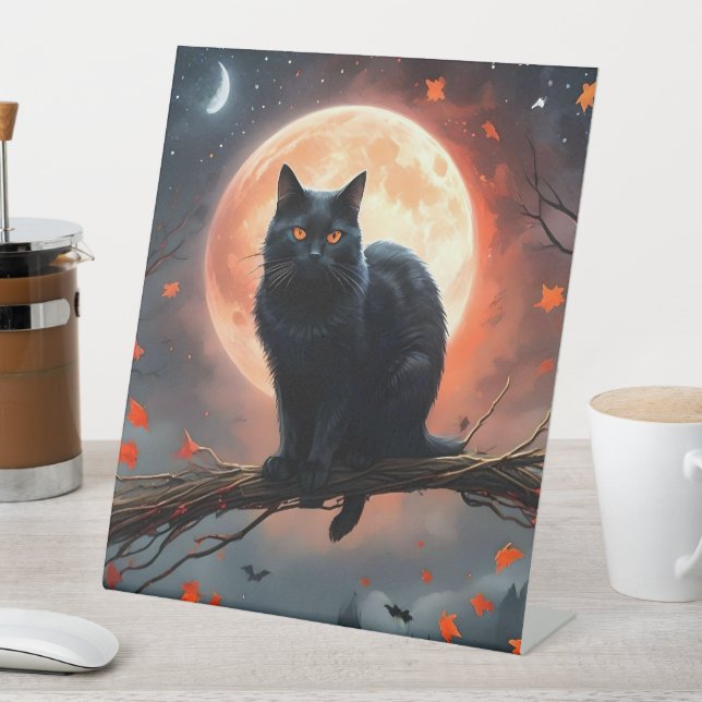 Scary Halloween Black Cat Moonlight,  Pedestal Sign (In SItu)
