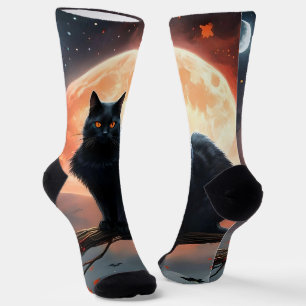 Scary Halloween Black Cat Moonlight, Socks