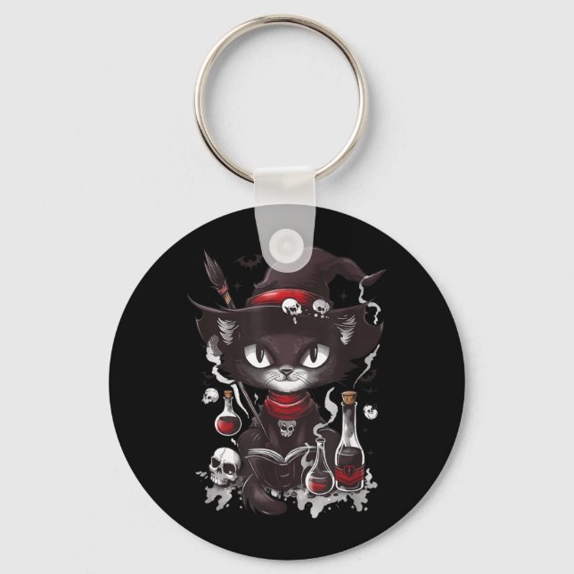 Scary Halloween Black Cat Salem Apothecary Key Ring (Front)