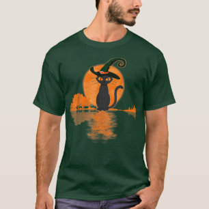 Scary Halloween Black Cat Witch Hat and Moon Cat L T-Shirt