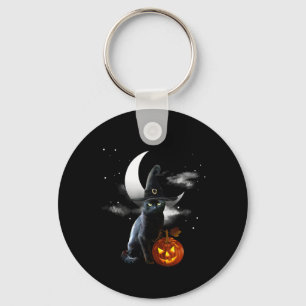 Scary Halloween Black Cat Witch Hat And Pumpkin Key Ring