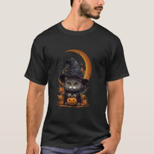 Scary Halloween Cat Cute Black Cat Witch Hat And M T-Shirt