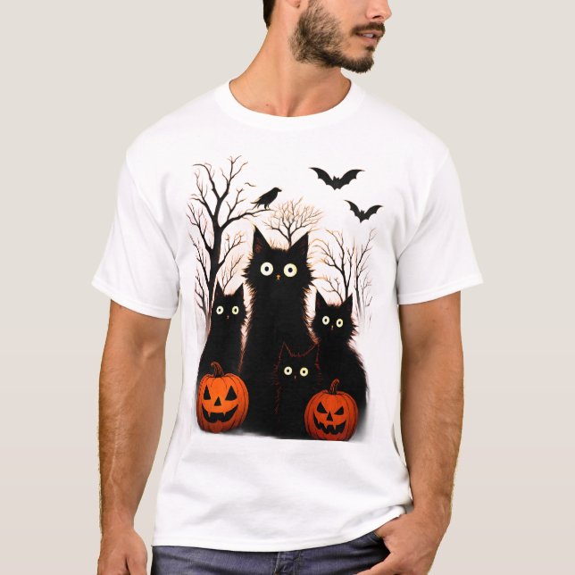Scary Halloween Cats and Bats Design | Dark Horror T-Shirt (Front)