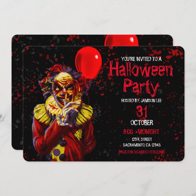 Scary Halloween Clown Costume Party Invitation (Front/Back)