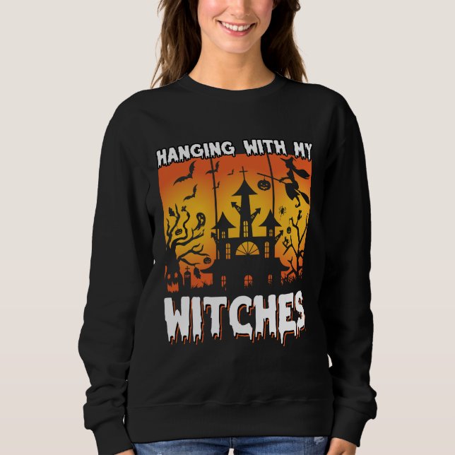 Scary Halloween design with witch witch broom bat Sweatshirt (Front)