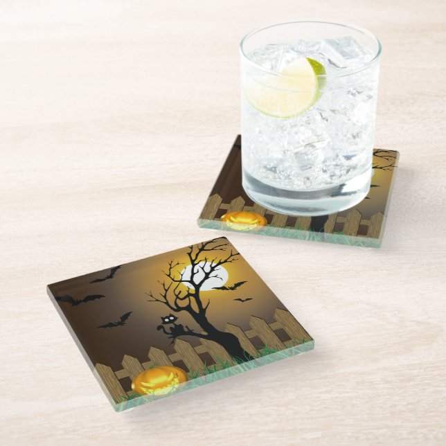 Scary Halloween Garden Scene Glass Coaster (Angled)