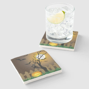 Scary Halloween Garden Scene Stone Coaster