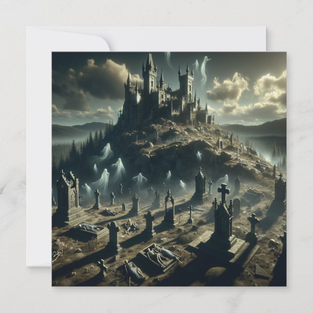 Scary Halloween Haunted Castle Graveyard Holiday Card (Front)